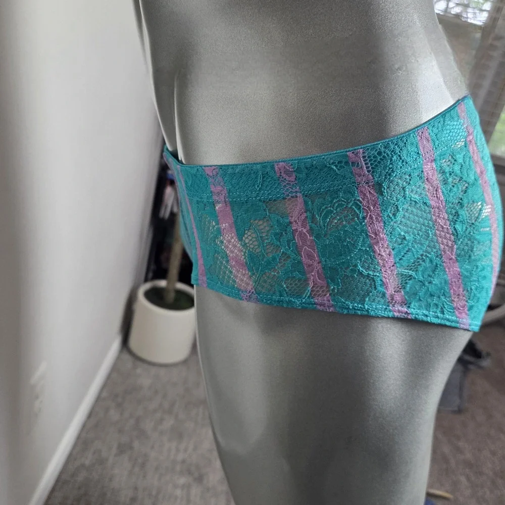 Cosabella Mens Never‎ Say Never Curvy Lace Brief Turquoise Lilac Striped Sheer M